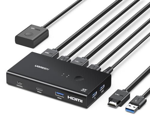 UGREEN HDMI KVM Switch, USB 3.0 KVM Switches Support 4K@60Hz for 2 PC Share 1 Monitor and Keyboard/Mouse/Hard Drives/Printer, 4 Port HDMI KVM Switcher with Power Adapter and Desktop Controller
