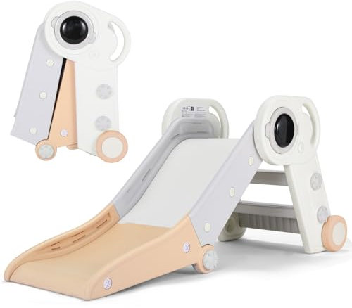 Toboggan pour Enfants, Toboggan Double Pliable, Toboggan Amusant, Toboggan Maternelle, Jeu d'Extérieur et l'Intérieur pour Bébé, Stable, Sûr, Forme d'astronaute, Jusqu'à 50 kg, Jaune-Gris