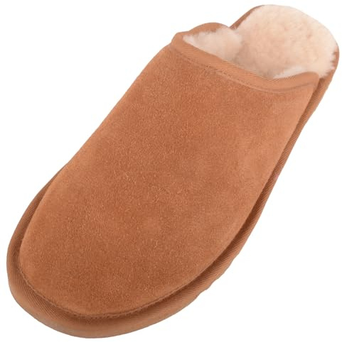 ABSOLUTE FOOTWEAR Pantofole da uomo foderate in pelle di pecora aperta sul retro in pelle scamosciata con suola in EVA, castano, 42 2/3 EU