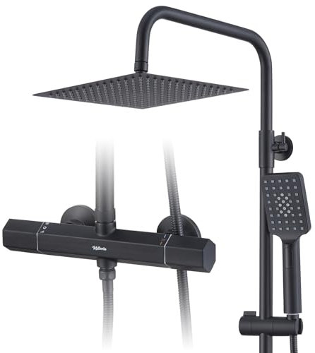 kelleria Duschsystem mit Thermostat Regendusche Duschset, Edelstahl Duschsäule mit Kopfbrause und Handbrause, Verstellbarer Duschstange 960-1245mm Komplettes Duschgarnitur für Bad, Schwarz