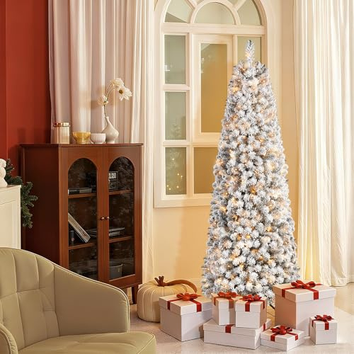 SHareconn Árbol de Navidad Artificial 180cm Pre-Iluminado Slim con 180 Luces LED Blanco Cálido, Ramas PVC con Bisagras Nevadas & Base Metálica, Árbol Pencil para Ahorrar Espacio para Decoración Hogar