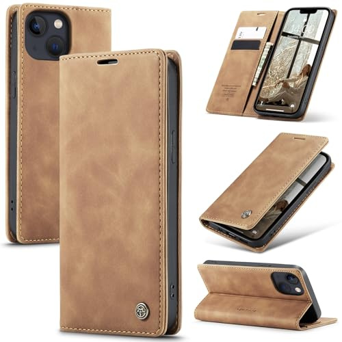 Azororo Coque pour iPhone 13 5G Premium Housse Cuir Protection Pochette Rabat Portefeuille Flip Case Porte Magnétique Coque Étui pour iPhone 13, Brun