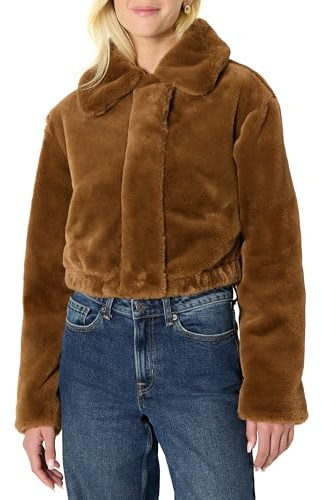 Amazon Essentials Women's Oversized-Fit Cropped Faux Fur Jacket with Collar, Brown, Medium