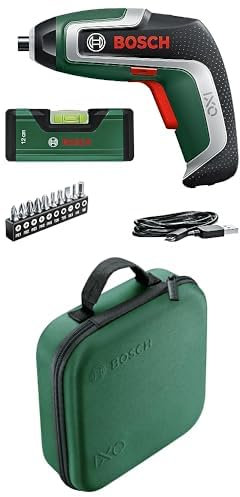 Bosch Akkuschrauber IXO Wasserwaagen-Set (7. Generation; 3,6V; 2,0Ah; 5,5Nm; Set inkl. Mini-Wasserwaage, mit Mikro-USB-Kabel; im Karton) + Bosch Aufbewahrungstasche für Werkzeuge und Zubehör
