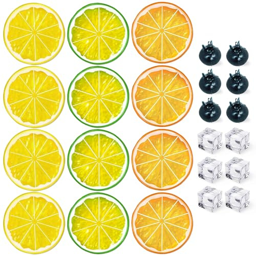 YiiHHooN Fette di Limone Artificiali, 24 Pezzi Fette di Limone Finte Mirtillo e Cubetti di Ghiaccio, Fettes di Limoni in Plastica Frutta Artificiale Limoni Decorazioni per Feste Artigianato