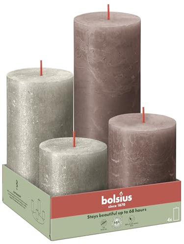 Bolsius - Rustic 4 packs - Champán y Topo - Pack de 4 - Velas Decorativas para el Hogar - Hechas con Cera Vegetal Natural - Sin Aceite de Palma - Sin Perfume