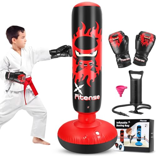 Fitense Sac de frappe pour enfants, ensemble de boxe pour enfants avec gants de boxe et pompe à air, sac de frappe gonflable de 160 cm, cadeau pour garçons et filles âgés de 6 à 12 ans pour pratiquer