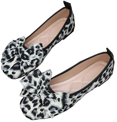 Ballerine da donna con fiocco, modello leopardato, mocassini senza lacci, traspiranti, comode, con punta quadrata, scarpe basse per lavoro e guida, grigio, 41 EU