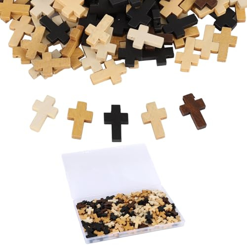 Fukaisu 200pzs Mini Cruces de Madera, 5 Colores Natural Pequeña Cruz Bolsillo para Manualidades Minúsculos Colgantes Madera para Religiosos Regalo Cristiano Rellenos Huevos Pascua Fabricación Joyas