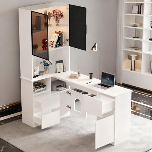 Set scrivania angolare 120 × 80 cm con vetrina a LED con libreria integrata, 3 cassetti - Posto di lavoro funzionale con 2 ante e scomparti aperti (altezza 180 cm)