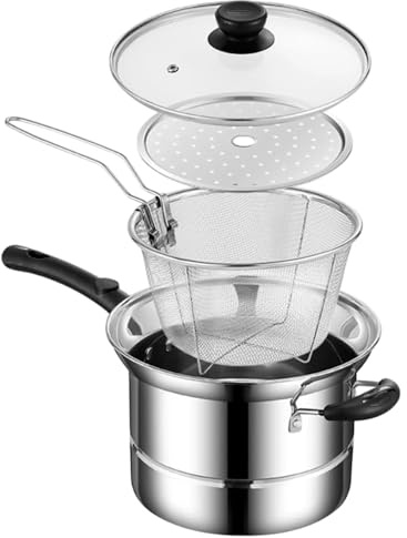 Olla Freidora | Olla Para Freír De Acero Inoxidable Con Cesta Coladora | Ollas De Cocina Multifuncionales ABS 8,66x5,91 Pulgadas, Herramienta Cocina Para Patatas Fritas, Mariscos, Camarones Y Cebollas