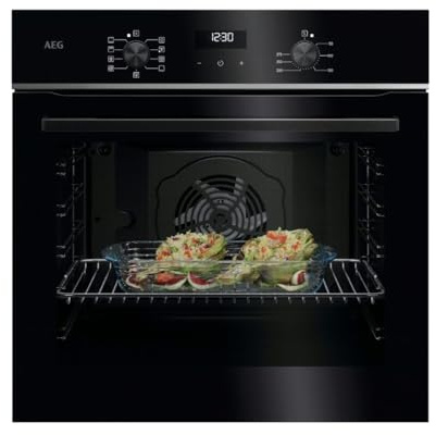 AEG TU5AB21FSB – Horno Multifunción Serie 5000 SurroundCook, 72 L, Display LED, Limpieza AquaClean, 9 Funciones, Mandos Escamoteables, Carriles Telescópicos 1 Nivel, Cristal Negro, Inox Infinity