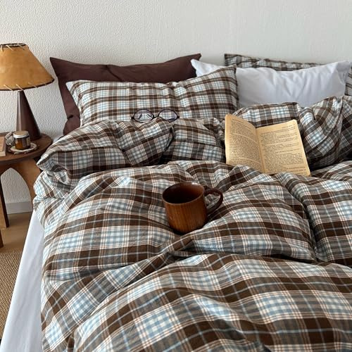 Sedefen Housse de Couette 220x240cm Marron Bleu à Carreaux Vichy Parure de Lit 2 Personnes Adulte Carreaux Sets de Housse de Couettes en Microfibre avec Fermeture Éclair et 2 Taies d'oreiller 65x65cm