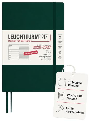 LEUCHTTURM1917 Veckokalender 2027 A5 med anteckningsbok, linjerad, mötesplanerare tyska, 18 månader juli 2026 – december 2027, skogsgrön softcover, 210 x 145 mm, veckoöversikt vänster +