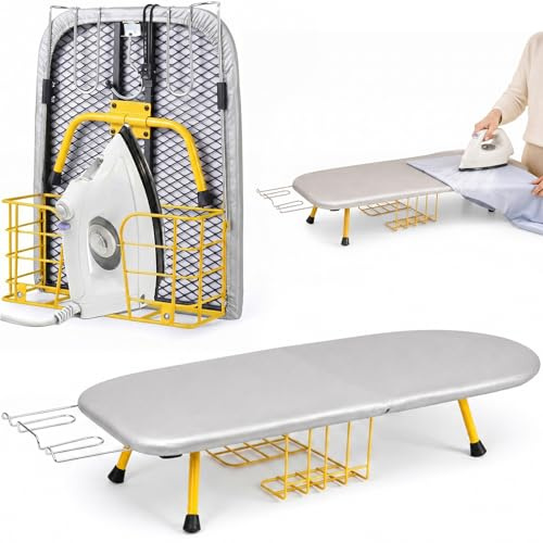 Tabla de planchar plegable – Tabla de planchar de mesa de 32 x 11 pulgadas, con bandeja para plancha, con cubierta resistente al calor y pies antideslizantes, diseño que ahorra espacio para un