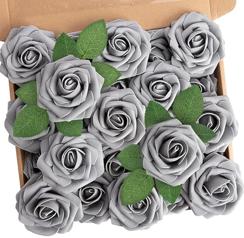 N&T NIETING Artificial Flowers Roses, 25pcs Real Touch Foam Roses, Grey