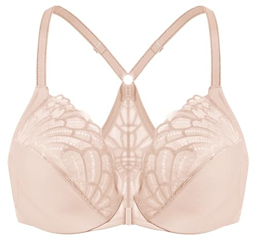 MELENECA Women's Front Fastening Racerback Plus Size Stretch Lace Underwire Unlined Bras Beige 34B