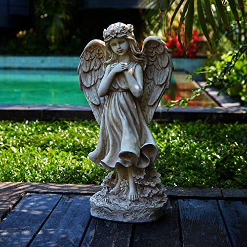 Floryden Statuette di angelo da giardino, statua di angelo in preghiera, statua da esterno con luci solari a LED per patio, prato, decorazione tomba cimitero, regalo di simpatia, 42,9 cm di altezza