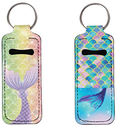 ENLACHIC 2 Pack Cute Print Chapstick Holder Lip Balm Holder Sleeve Pouch Clip-on Lipstick Holder Keychains for Women Girls,Mermaid Scale