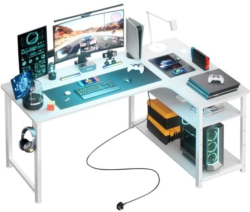COMHOMA Gaming Tisch mit Steckdose 120 x 80cm Schreibtisch, Eckschreibtisch mit USB-Ladeanschluss und Regal, Computertisch L Form, PC Tisch für Büro, Heimbüro