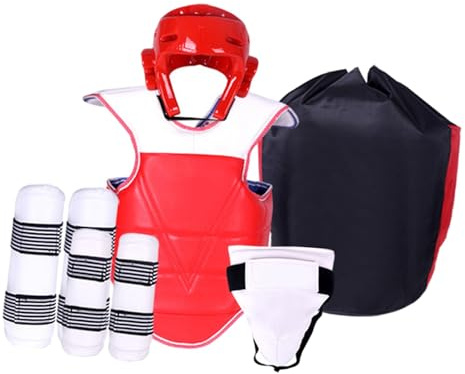 Perfeclan 5-Piece Taekwondo Gear Set for Adults & Youth, Padded Karate Sparring Equipment, Foam/PU versatile-sport Headgear forearm protector Shin Groin Guard, Red Black, M for Height 130-150cm