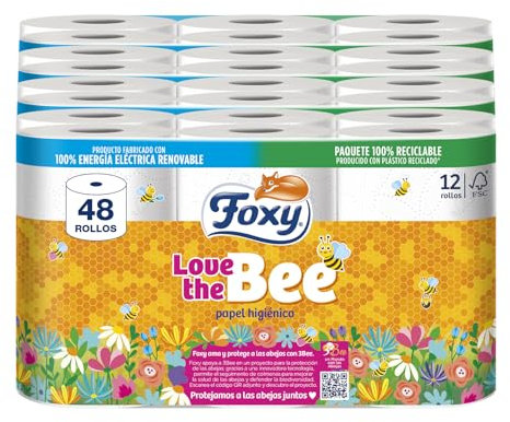 Foxy Love the Bee | 3 capas |Papel higiénico 48 rollos | 167 servicios por cada rollo | Certificación FSC | 100% Energía eléctrica renovable | Paquete reciclable producido con plástico reciclado