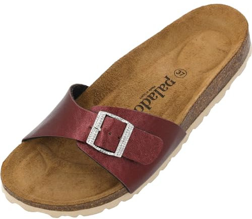 Palado Pantoletten Damen Malta Metallic SQS - elegante Sandalen Made in Spain - bequeme Hausschuhe mit Kork-Fußbett - modische Sommerschuhe Bordeaux UK4,5 - EU37