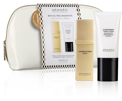 Atashi | Rituel Peau Radieuse | Sérum Anti-âge L’Essenza Eterna + K-Bioferment Therapy Cream + Trousse en Cuir Verni Offerte | Rajeunit et Revitalise Votre Peau | 30 ml + 50 ml