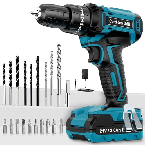 MHPRO Cordless Drill Driver 21V, Cordless Hammer Drill with Battery 2000mAh, 25+3 Torque, 42N.m Max ElectricDrill, 24PCS DrillBits, 2 Speed, LED Light for Home and Garden DIY Project