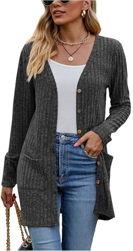 Famulily Women's Long Sleeve Open Front Cardigans, Button Down V Neck Lightweight Outwear Jumpers with Pockets, Solid Rayon Polyester Spandex, S-XXL, Beige/Black/Blue/Army Green/Khaki/Red/Wine