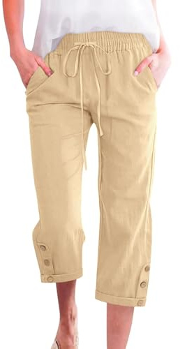 Voqeen Mujer Pantalones Verano de Algodón Frescos Pantalón Cintura Alta Elástico con Bolsillos Casual 3/4 Pantalones Anchos con Cordón Ligeros y Cómodos