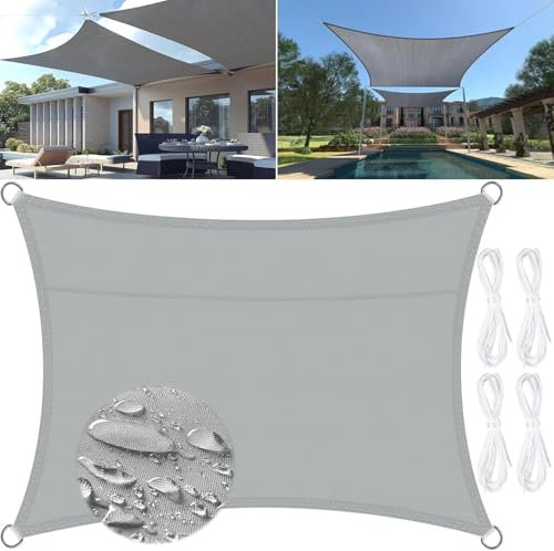 MTINRNI Sonnensegel Wasserdicht,Rechteck 2 x 3 Meter,PES Polyester Wasserdicht Sonnenschutz,UV-Schutz,Garten Balkon & Terrasse,inkl Befestigungsseile Premium,grau.