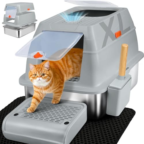 SZEETECH Bac Litiere pour Chat XL, Litière en Acier Inoxydable avec Couvercle, Bac Litiere pour Chat, Cat Litter Box, Pelle+Tapis+Marchepied- 60x40x39,5 cm(Gris)
