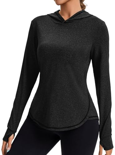 Gyabnw Tee Shirt Sport Femme T Shirt à Manche Longue UV Hoodie Chemises de Protection, Bandes Réfléchissantes au Dos, Haut avec Trous pour Les Pouces, Tops Adapté Course, Yoga, Fitness