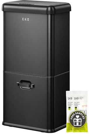 EKO Cubo de basura vintage con sensor de 50 L, 2 compartimentos, 32 L + 18 L, acero inoxidable, sin contacto, reciclador automático con tapa, para casa u oficina, cierre suave, negro mate