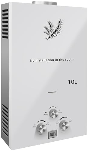 PEIXU 10L Scaldacqua a Gas Propano GPL Bianco Riscaldatori di Acqua a Gas Liquefatto Butano,20KW Scaldabagno Istantaneo Senza Serbatoio con Kit Doccia,per Campeggio,Camper,Casa