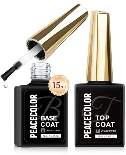 PEACECOLOR No Wipe Base and Top Coat Gel Nail Polish Set - 2x15ML Shine Finish and Long Lasting Soak Off LED Nail Lamp Base Top Coat High Gloss Nail Art Design Manicure for Women Girl