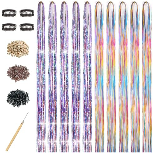 Hair Tinsel Kit for Girls, 10 Pcs 4200 Strands Fairy Tinsel Hair Extensions Holographic Hair Tinsel Heat Resistant Colored Hair Glitter Christmas Party Festival (Rainbow+Colourful)