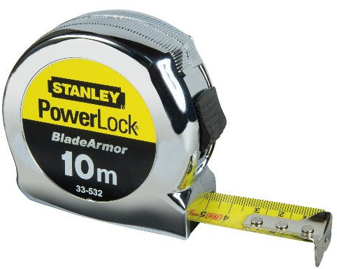 Stanley - Powerlock mètre Ruban 10m x 25mm Fabriqué en France- Ruban Large - Revêtement Blade Armor et mylar - Crochet 3 Rivets- Boitier Abs Antichoc - Blocage de Ruban- Position du 0 Réel- 0-33-532