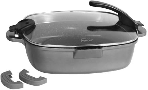 STONELINE Future Padella Quadrata da 24 cm, Ghisa, Coperchio in Vetro Forato per Scolare I Liquidi, Rivestimento Antiaderente