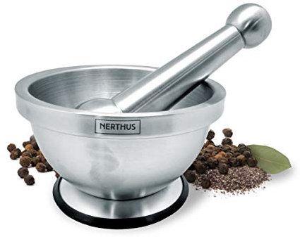 Vin Bouquet FIH 020 - Mortaio e pestello, acciaio inossidabile, Ø 14 cm, con base antiscivolo, colore acciaio inox