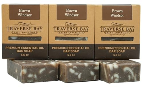 Traverse Bay Bath and Body, Brown Windsor, all natural handmade cold process soap, essential oil soap. 3 bar pack 15 + oz.
