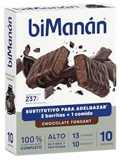 BIMANÁN - Barritas Chocolate Fondant - Sustitutivos de Comida para Adelgazar - 2 Barritas Equivalen a una Comida y Proporcionan 238 Calorías - Ricas en Fibra - Caja de 10 Unidades