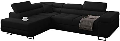 Ecksofa Miami mit Schlaffunktion, Eckcouch mit Bettkasten, L Form Couch, Ecksofa mit Bettkasten, Sofagarnitur mit Schalffunktion, Ottomane Links (Schwarz + Schwarzer Kunstleder -EKO)
