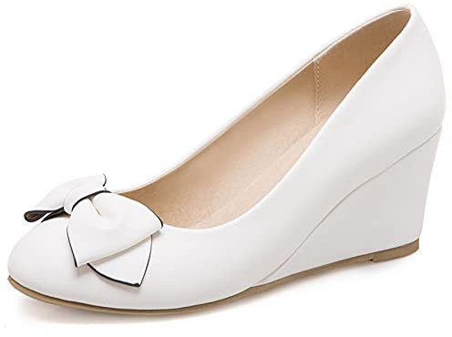 Escarpins Habillés Femme, Escarpins Compensées Mignonne Chaussures de Fête Talons Moyen Bout Rond Bowknot Blanc Taille 42 EU