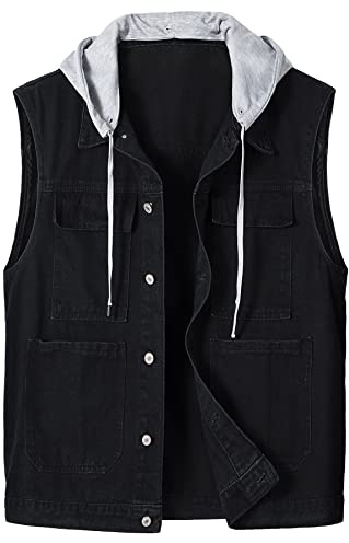 KTWOLEN Gilet in Jeans Uomo Giacca Jeans Senza Maniche Giacca Denim Gilet da Cowboy Gilet Moto Gilet da Biker con Cappuccio, Nero, XL