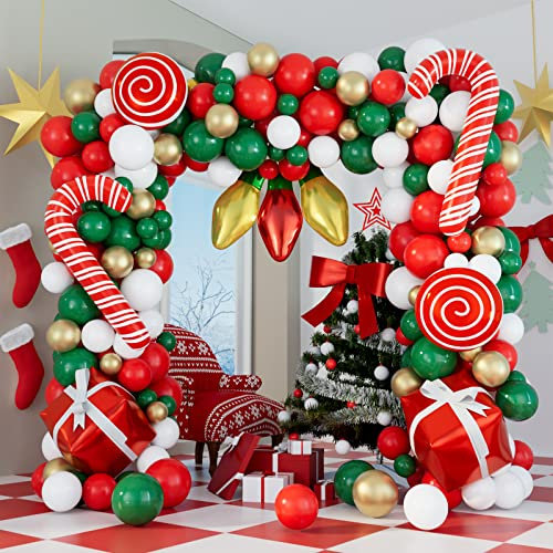 DBKL Christmas Balloons Garland Arch Kit 152Pcs with Xmas Red Gold White Dark Green Balloon Candy Cane Gift Box Light Bulb Foil Balloon for Christmas Party Decorations Birthday Xmas Party Supplies