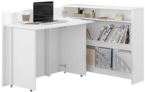 Mirjan24 Schreibtisch Ausziehbarer Work Concept, Eckschreibtisch, Arbeitstisch Computertisch, Eckschreibtisch, Winkelschreibtisch, Moderner Schranktisch (Weiß Hochglanz, Seite: Links)