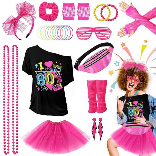 Grantop 28PCS 80er 90er Jahre Outfit Damen Set,80er Jahre Kleidung Kostüm,T-Shirt,Tutu,Bauchtasche,Ohrring,Netzhandschuhe,80er Retro Party Accessoires,kostüm 80er jahre damen Karneval Party