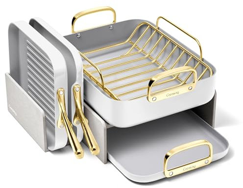 Caraway Square Cookware Set - Square Pans Set - Perfect for Griddling, Toasting, Searing, Roasting, and More - Non-Stick Ceramic Coated Pans - Non Toxic, PTFE & PFOA Free - White